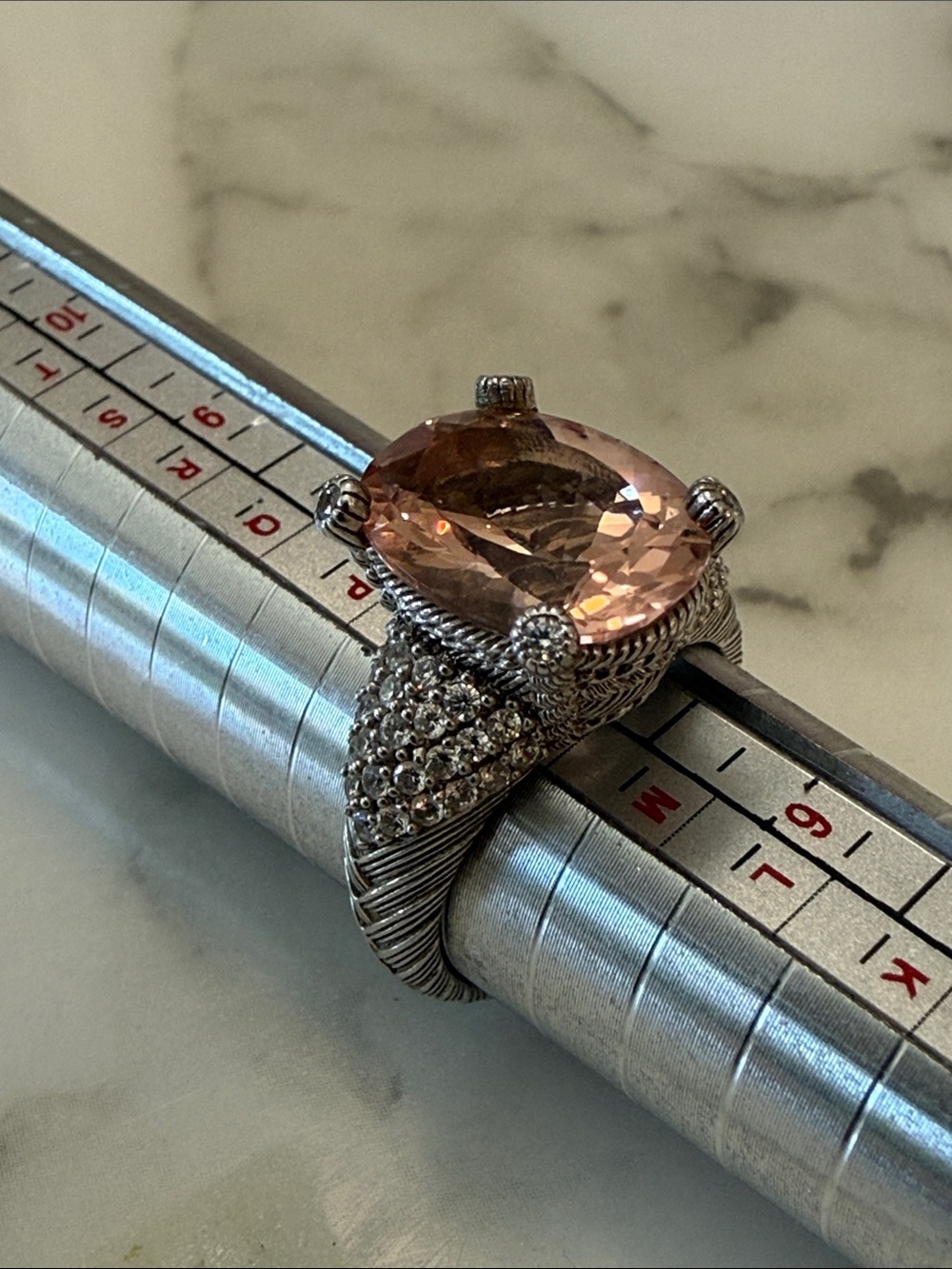 Judith Ripka silver and rose quartz ring with CZs, size 7